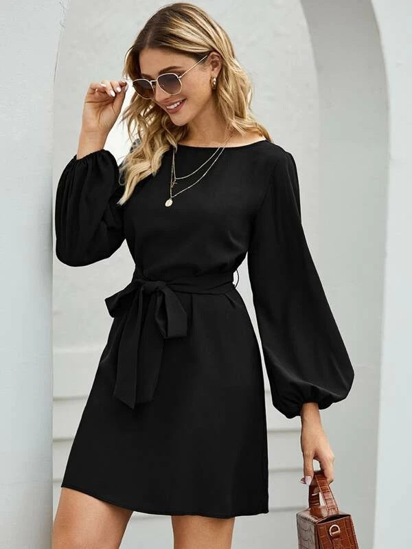 Boat Neck Long Sleeve Tie-Waist A-Line Mini Dress