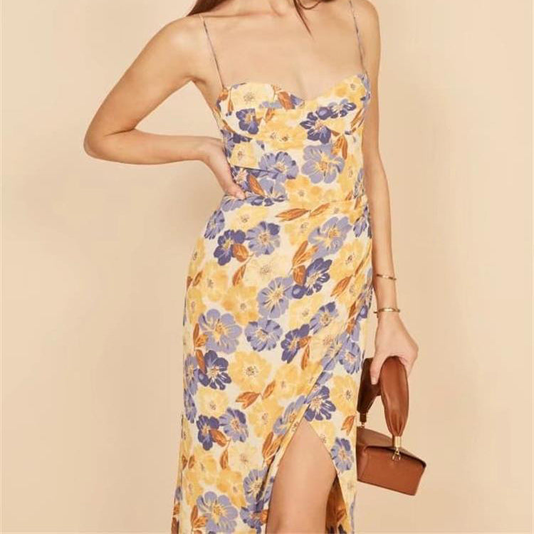 Fauve Floral Satin Cowl Neck Midi Dress - Yellow