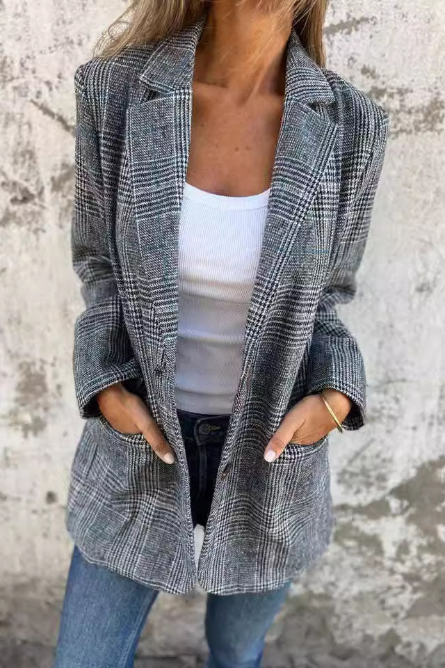 Mid-Length Houndstooth Wool Suit Jacket for Elegant Style