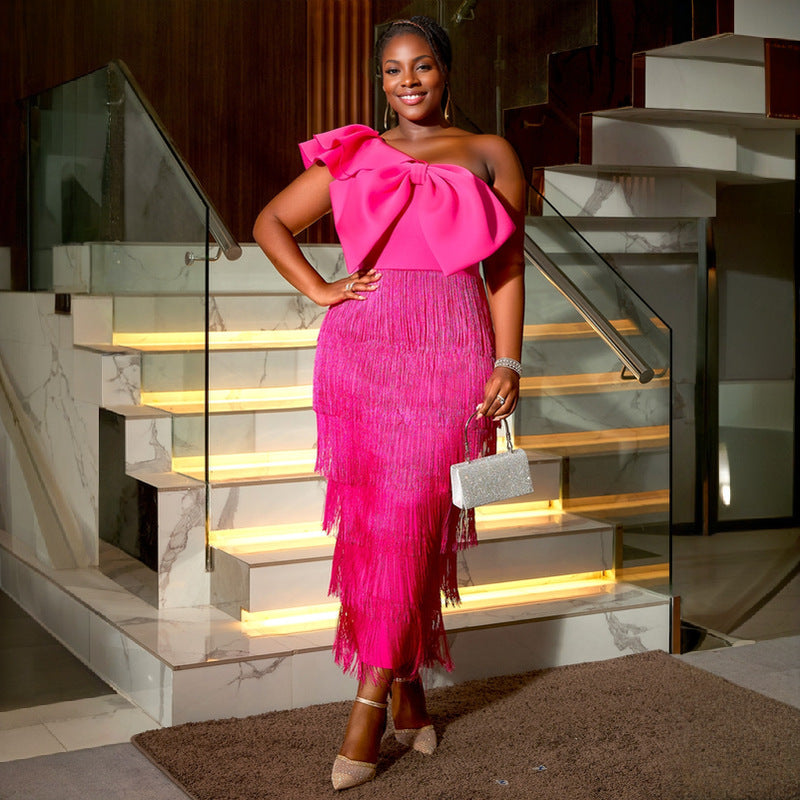 Elegant Solid Color Sheath Tassel Dress Party Cocktail Diagonal Collar Big Bow Dress - Fashionpara