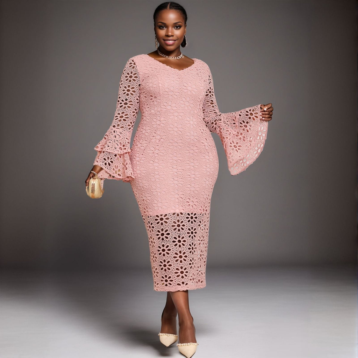 Lace Eyelet V-Neck Tiered Bell Sleeve Partial Sheer Lined Midi Dress