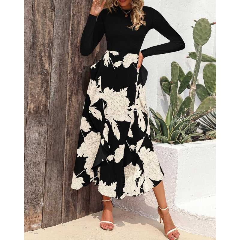 Mock Neck Long Sleeve Floral Skirt Midi Dress