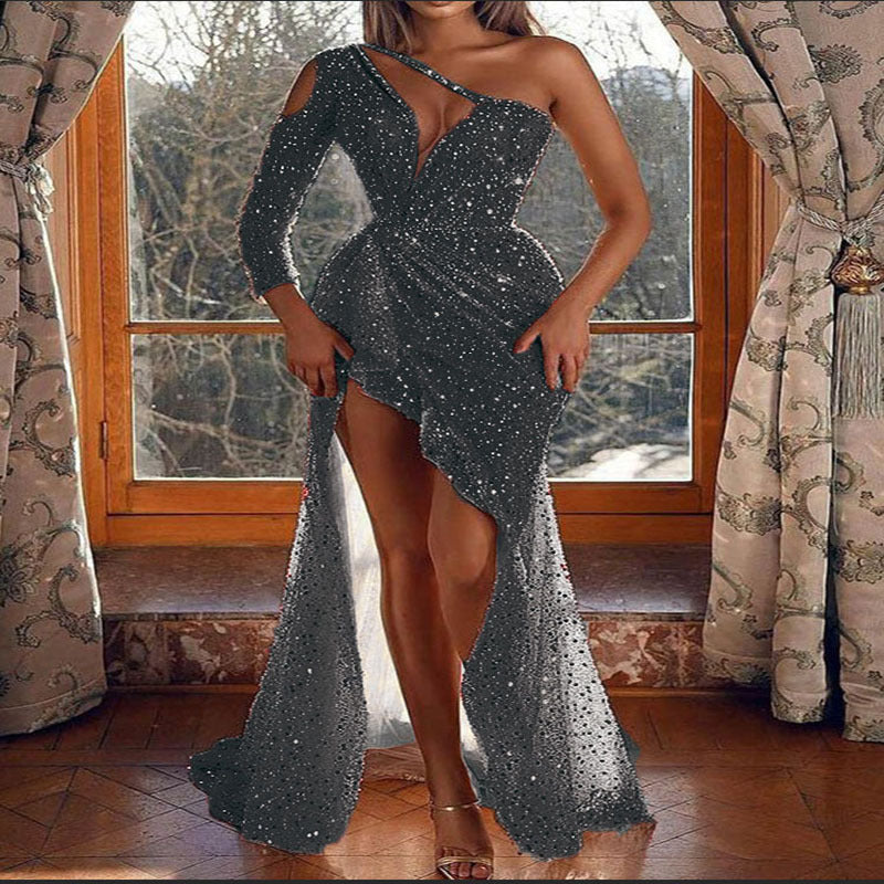 Sequin One Shoulder Cut Out Long Sleeve Beaded High Split Maxi Gown - View 6
