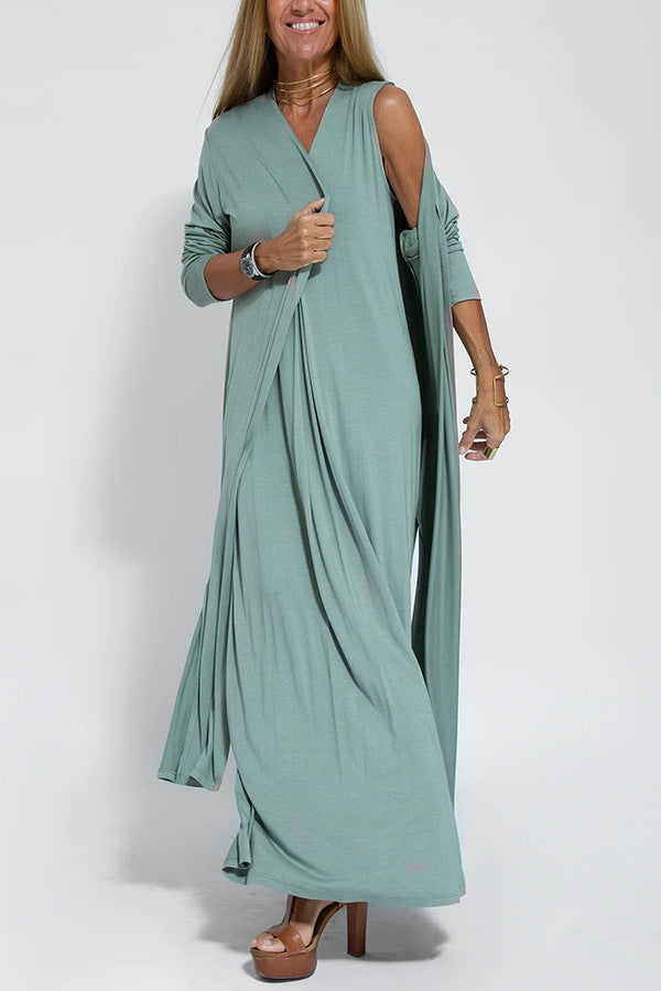 Sleeveless V-neck Elegant Long Dress with Matching Cardigan