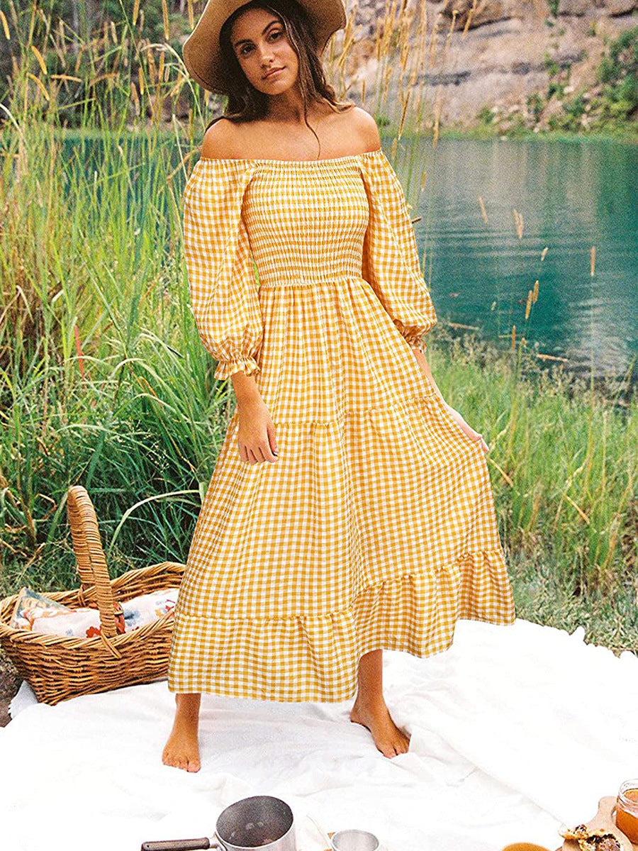 Gingham Square Neck Puff Sleeve Smocked Midi Dress