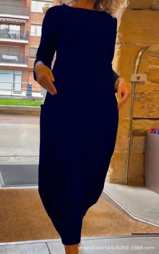 Round Neck Long Sleeve Pocket Cocoon Midi Dress 6