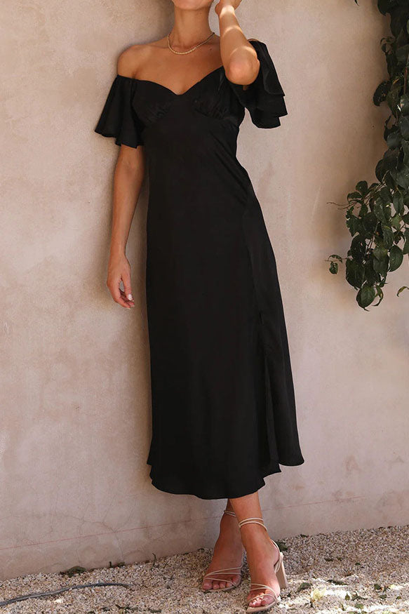 Solid Satin Barrel Neck Strapless Pleated Dress - Fashionpara