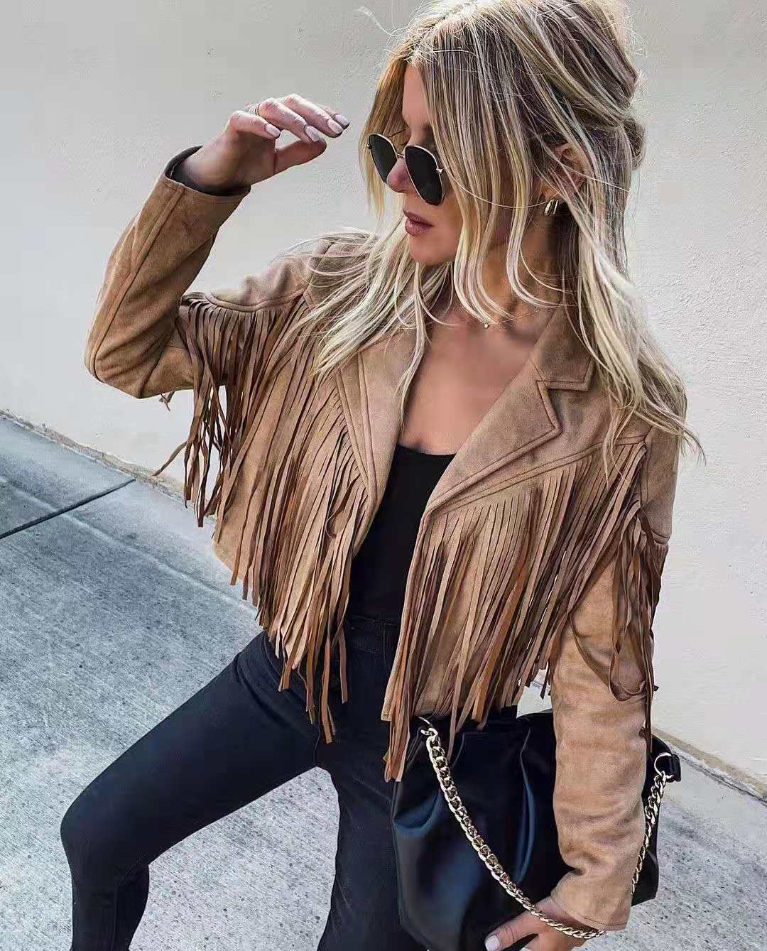 Fringe Cropped Vintage Long Sleeve Jacket for Stylish Layers