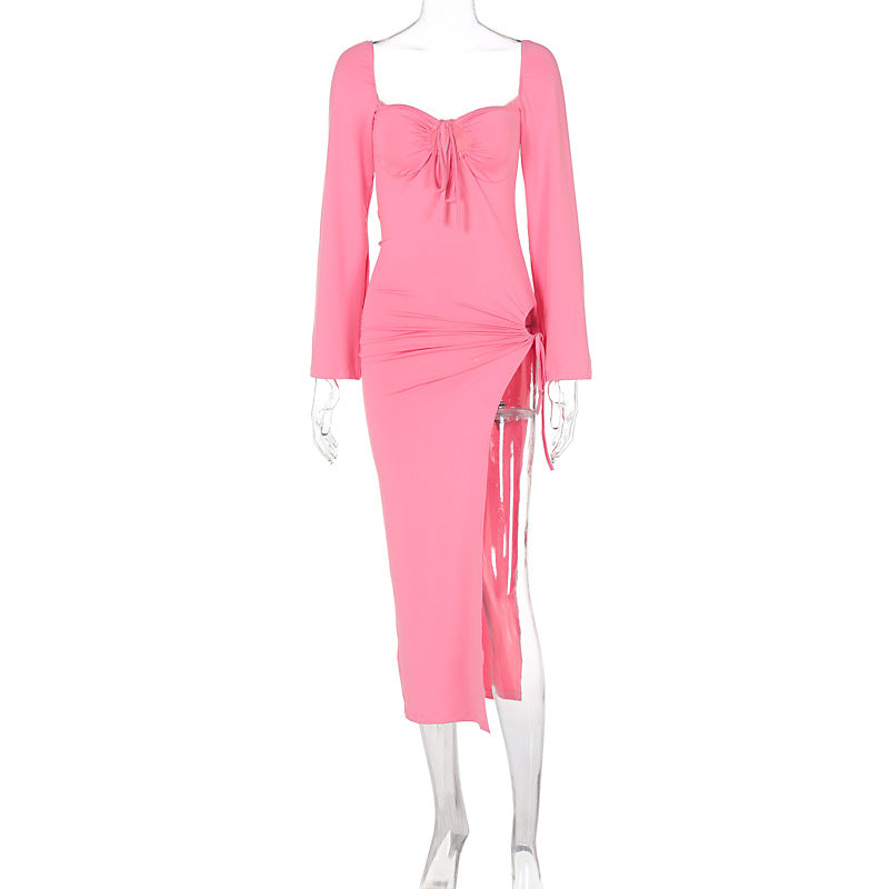 Long Sleeve Lace Up Slim Fit Backless Hollow Out Cutout Split Dress - View 2