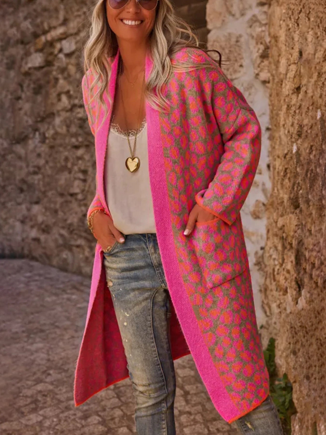 Rose Red Leopard Print Long Sweater Coat for Stylish Comfort