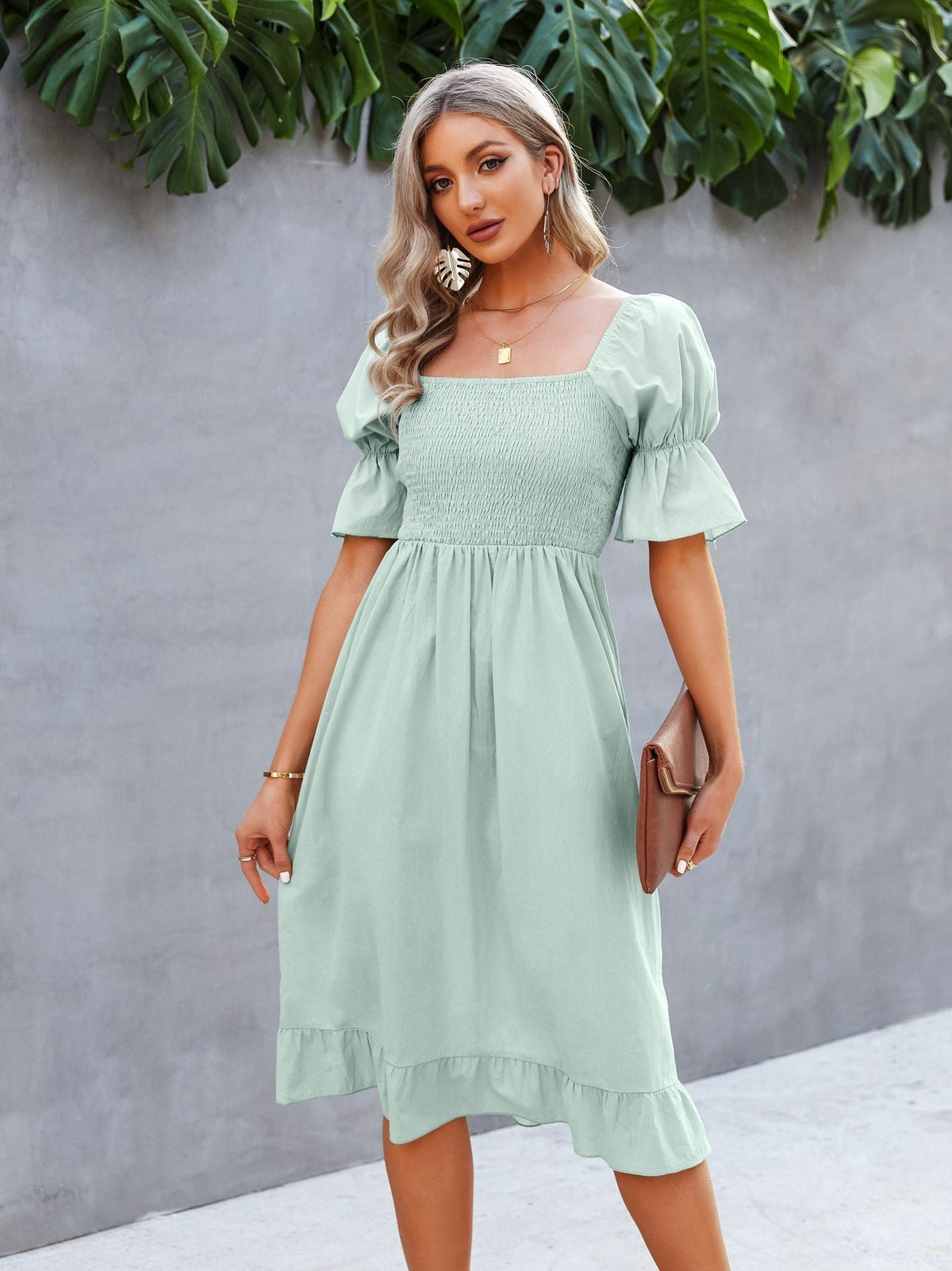Square Neck Puff Sleeve Smocked Ruffle Midi Dress