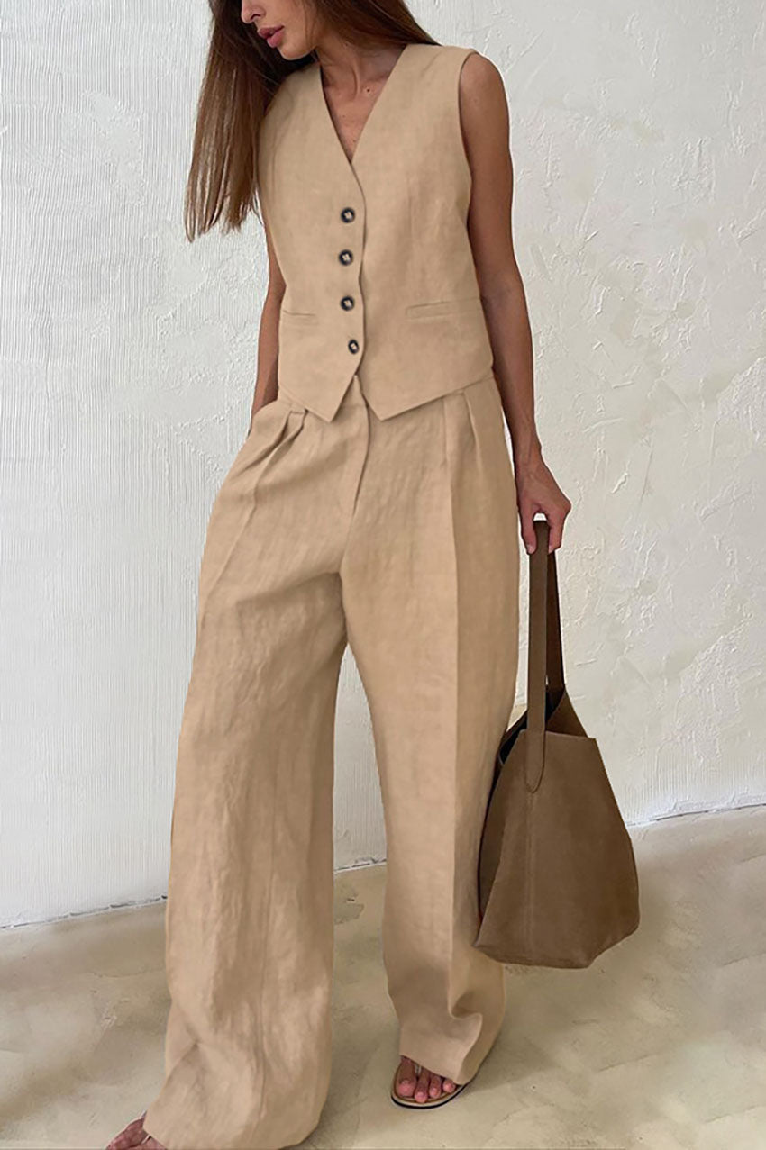 Solid Color V-neck Cotton Linen Vest and Pants Set