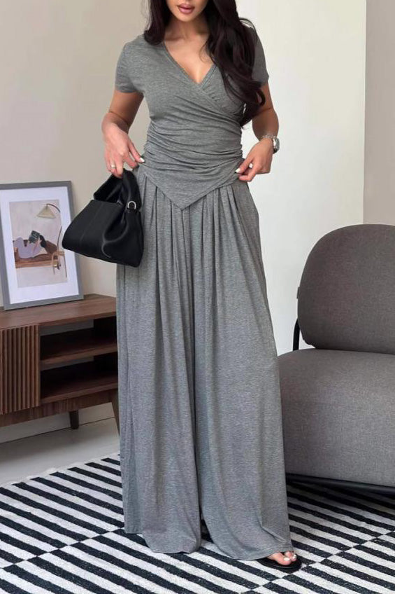 Tie-strap short-sleeved top and wide-leg pants two-piece suit