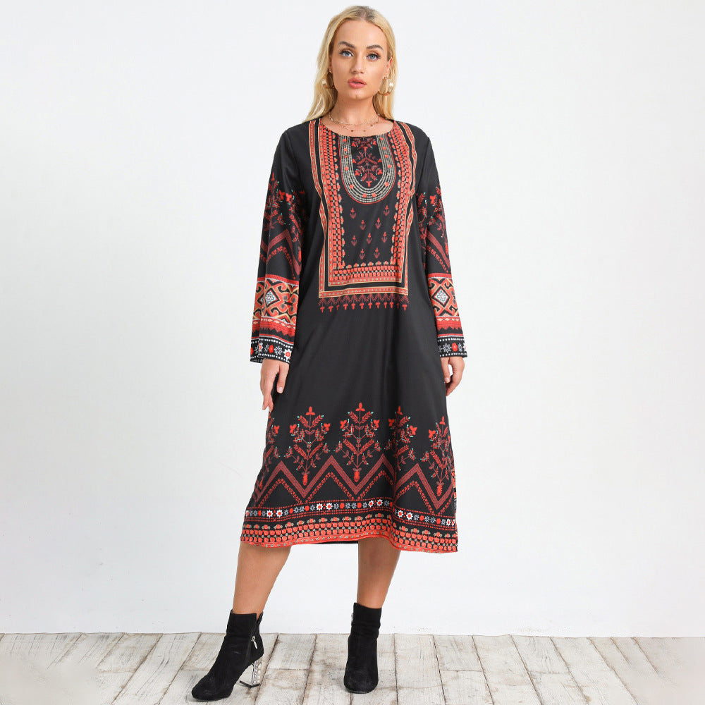 Boho Print Crew Neck Long Sleeve Shift Midi Dress