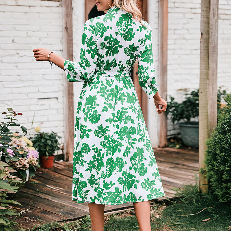 Floral Print Collared Long Sleeve Button Down Fit & Flare Midi Dress