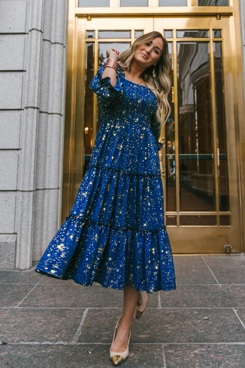 Star Print Square Neck Puff Sleeve Tiered Midi Dress