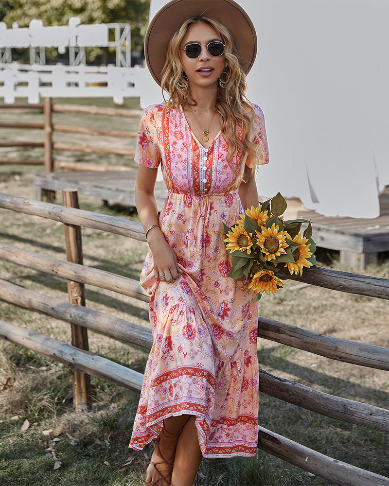 Floral Print V-Neck Flutter Sleeve Tiered Midi Dress