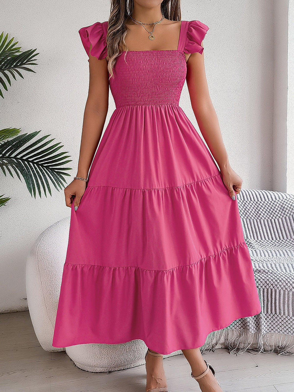 Ruffle Off The Shoulder Embroidered Floral Tiered Maxi Dress - Rose