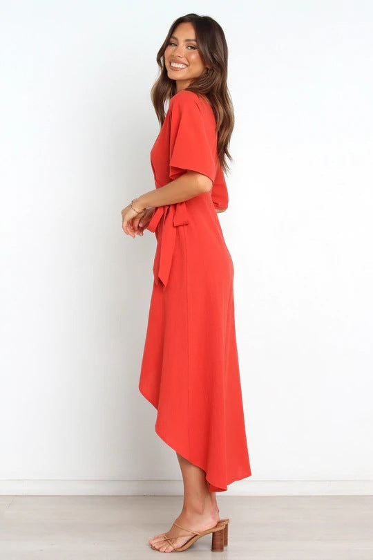 Wrap V-Neck Kimono Sleeve High-Low Midi Dress