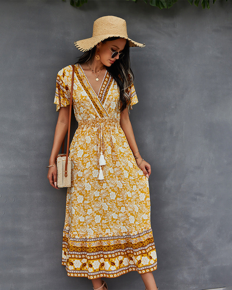 Nadine Floral Smocked Maxi Dress - Mustard
