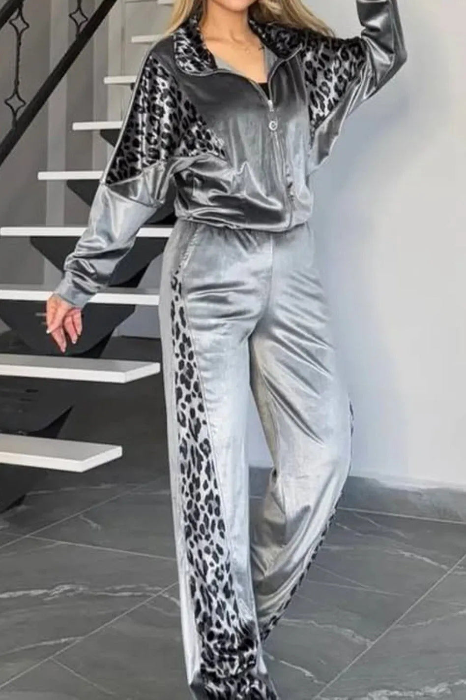Suede Leopard Print Long Sleeve Jacket and Wide-Leg Pants Set