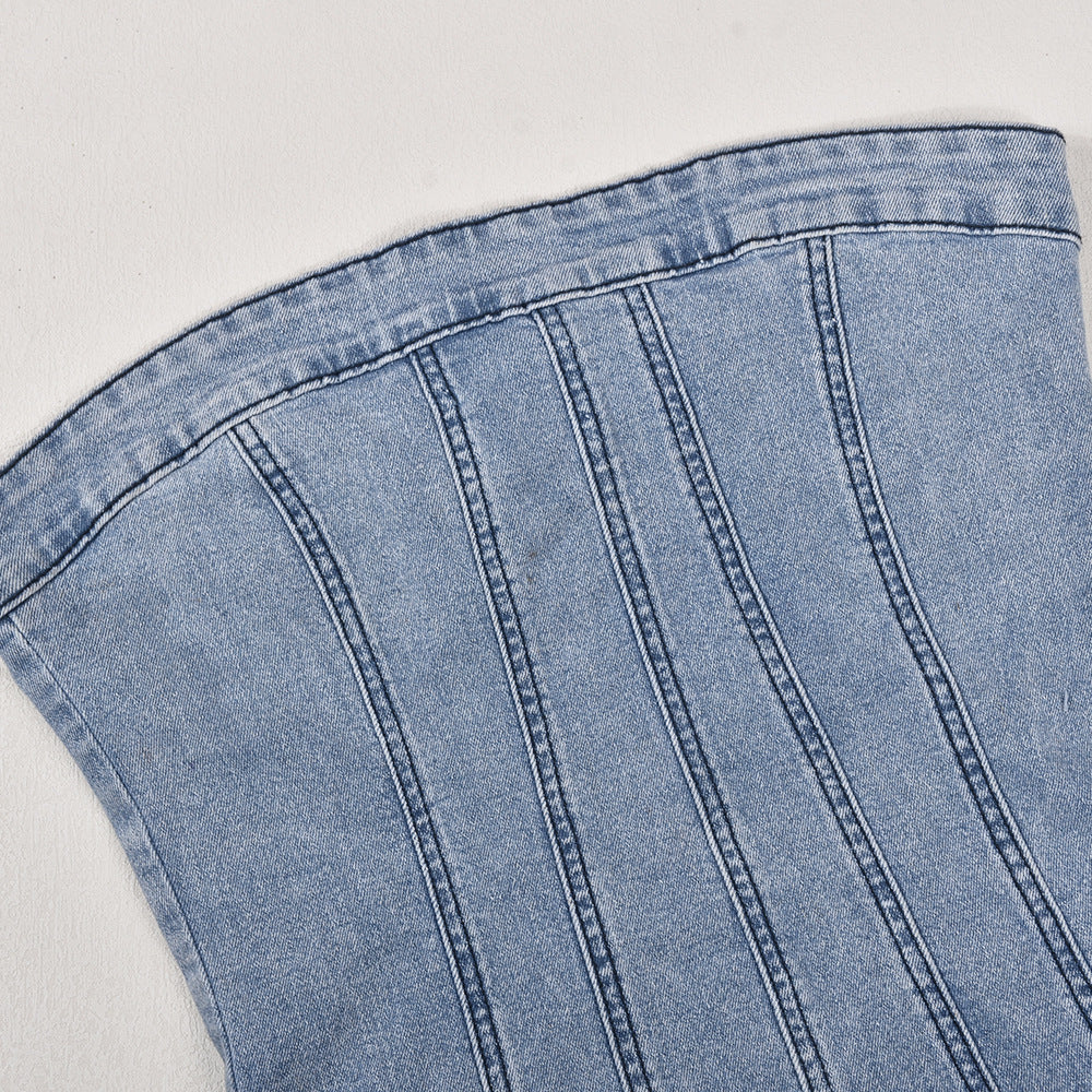 Vintage Distressed Banded Strapless Denim Bodycon Mini Dress - Light Blue