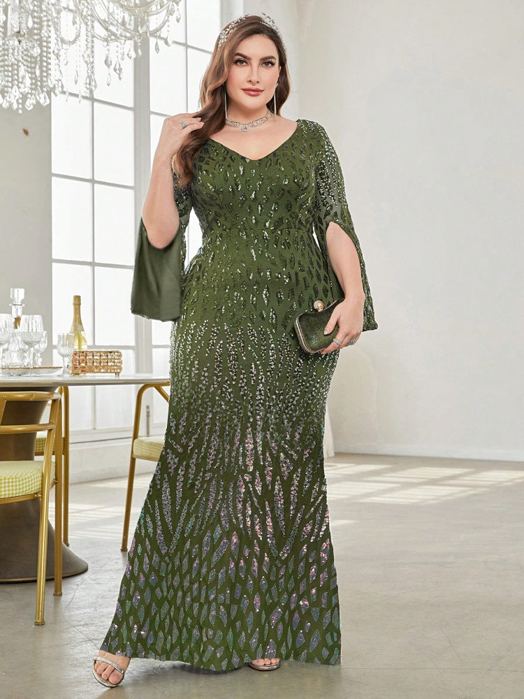 Sequin V-Neck Cape Sleeve Mermaid Evening Gown - View 8