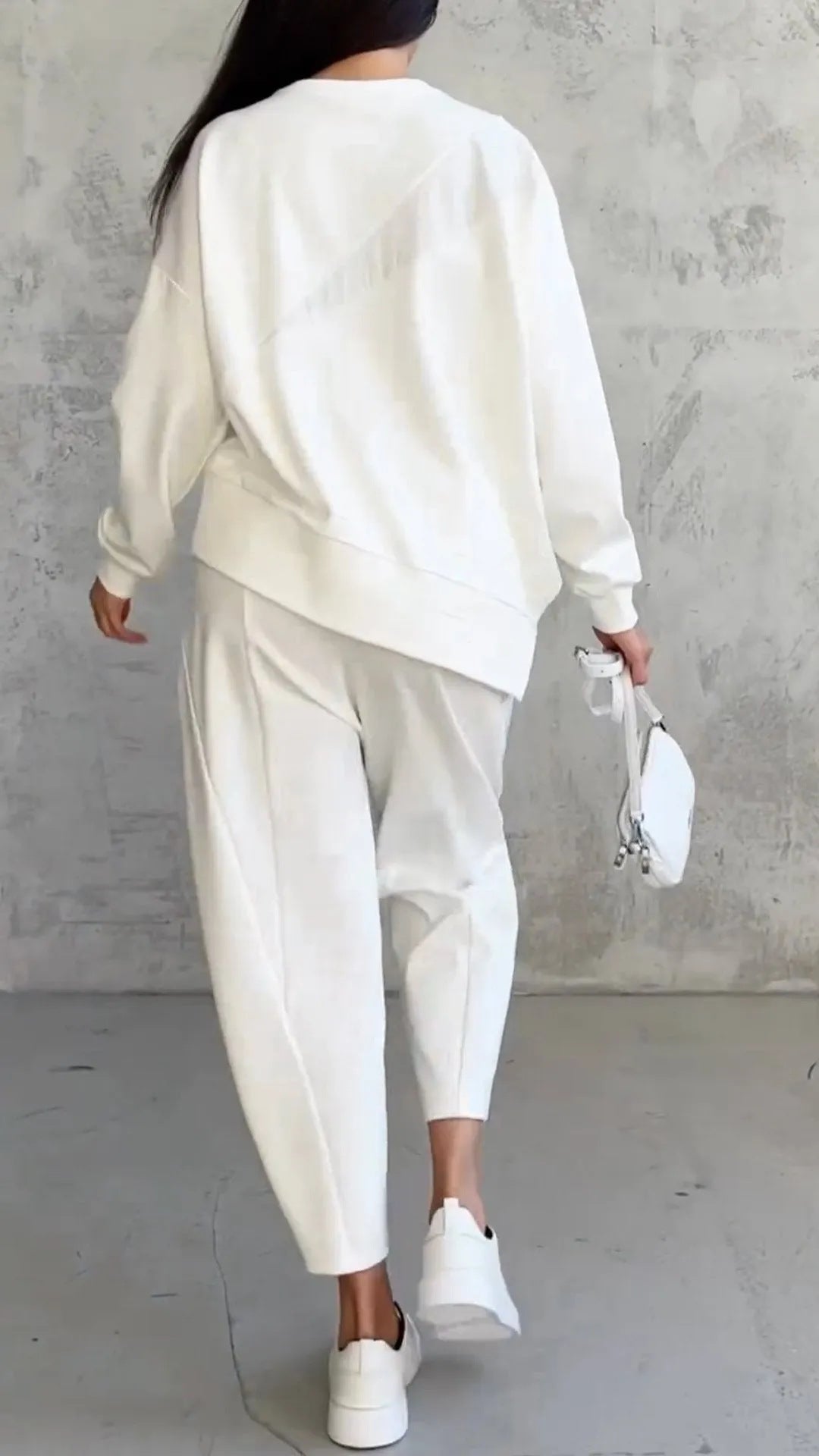 Solid color loose hem sweatshirt cropped pants two-piece set