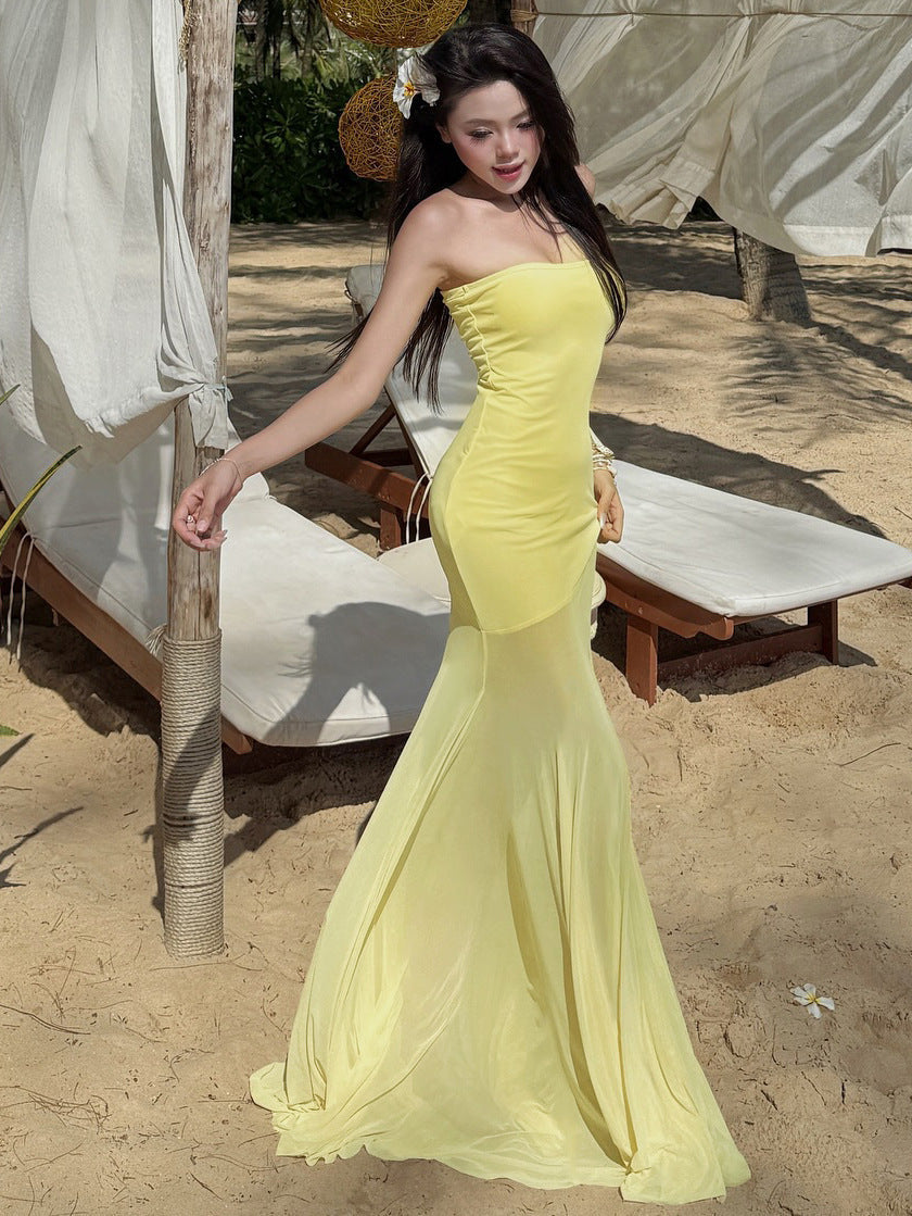 Strapless Bodycon Sheer-Skirt Mermaid Maxi Dress 2