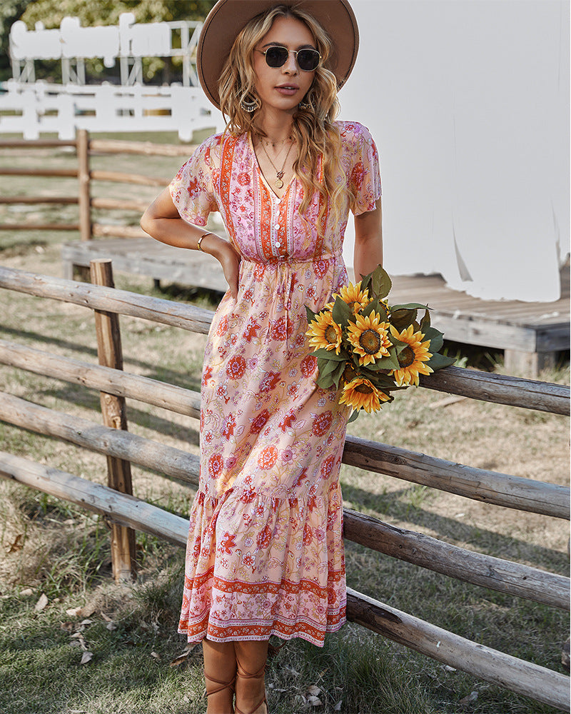 Floral Print V-Neck Flutter Sleeve Tiered Midi Dress