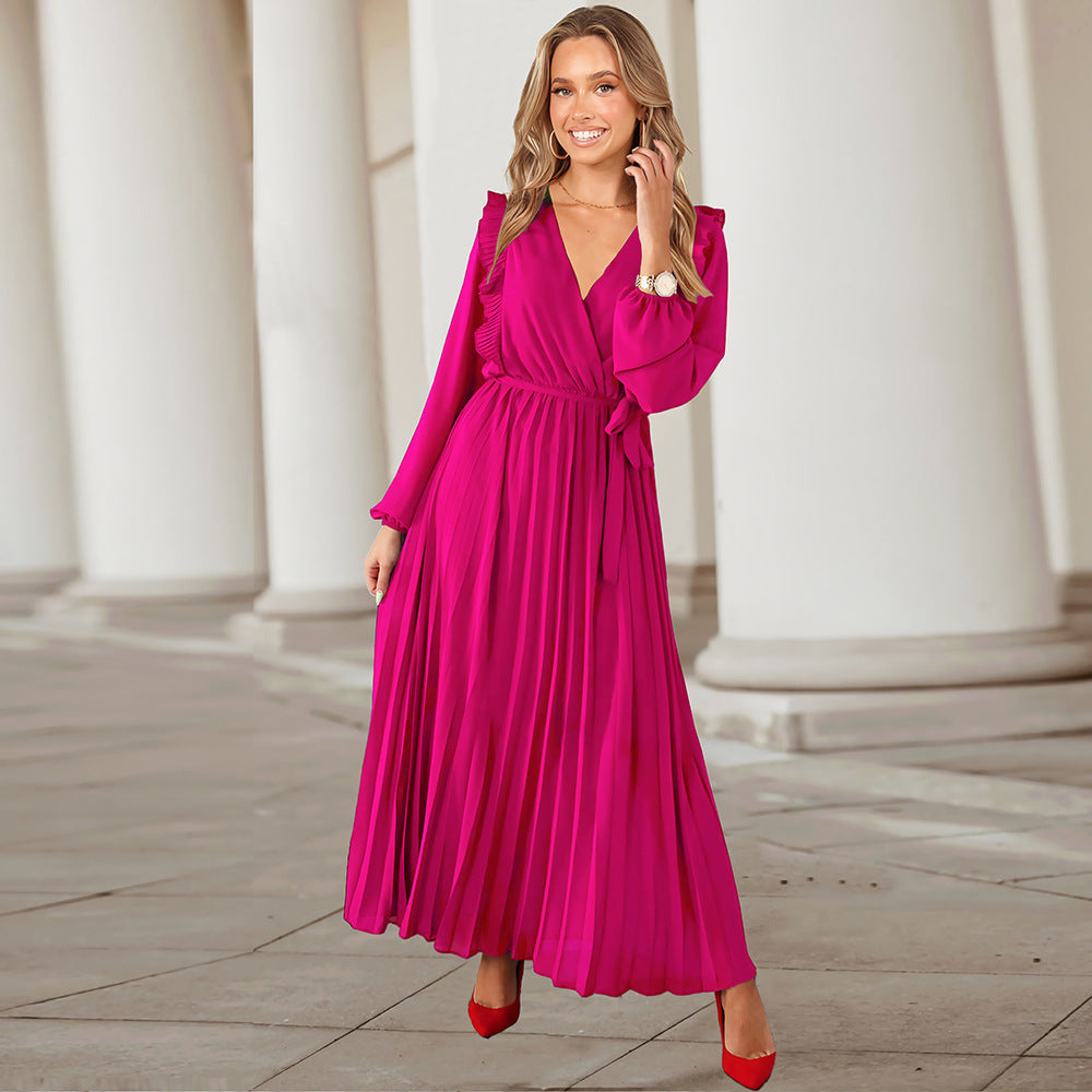 V-Neck Long Sleeve Ruffle Pleated Maxi Dress