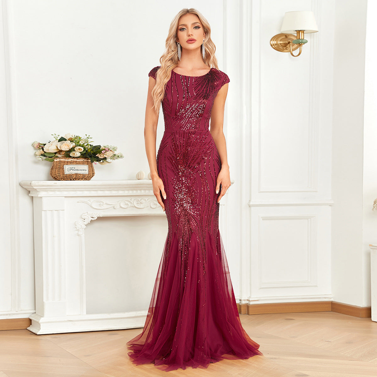 Wine Red Dress Maxi Dress Fishtail Sequin Slim Fishtail Bridesmaid Cocktail Evening Dress - Fashionpara