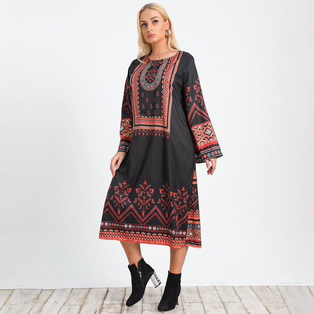 Boho Print Crew Neck Long Sleeve Shift Midi Dress