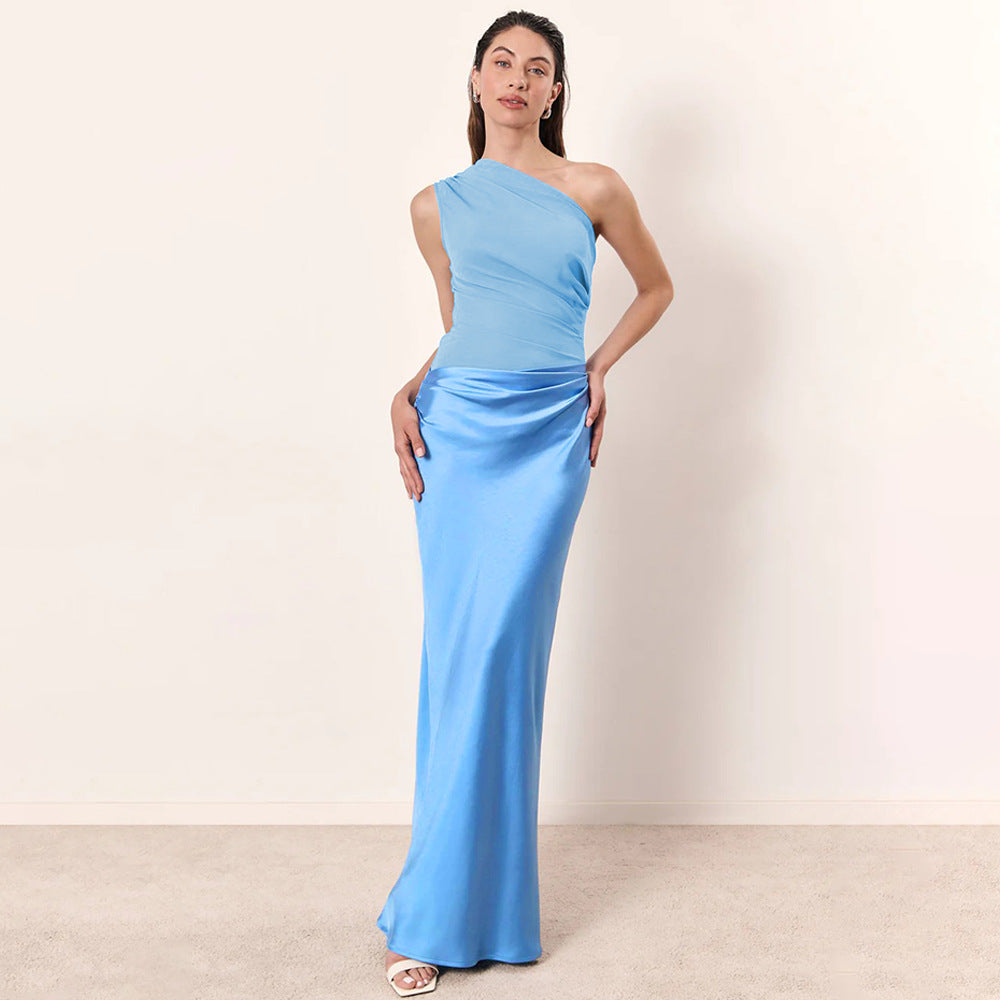 One-Shoulder Ruched Satin Bias Column Maxi Dress 2