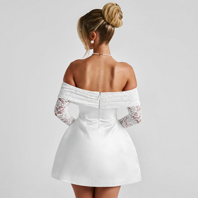 Off-Neck Lace Stitching Long Sleeve A-Line Dress - View 2