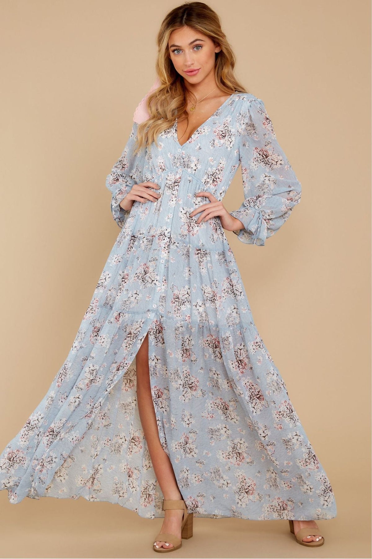 Floral Print V-Neck Long Sleeve Button Front Maxi Dress