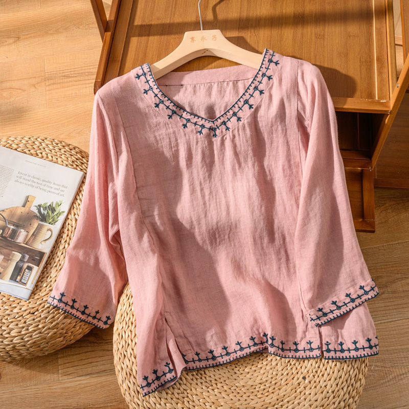 Embroidered V-Neck Three Quarter Sleeve Linen Look Top 2