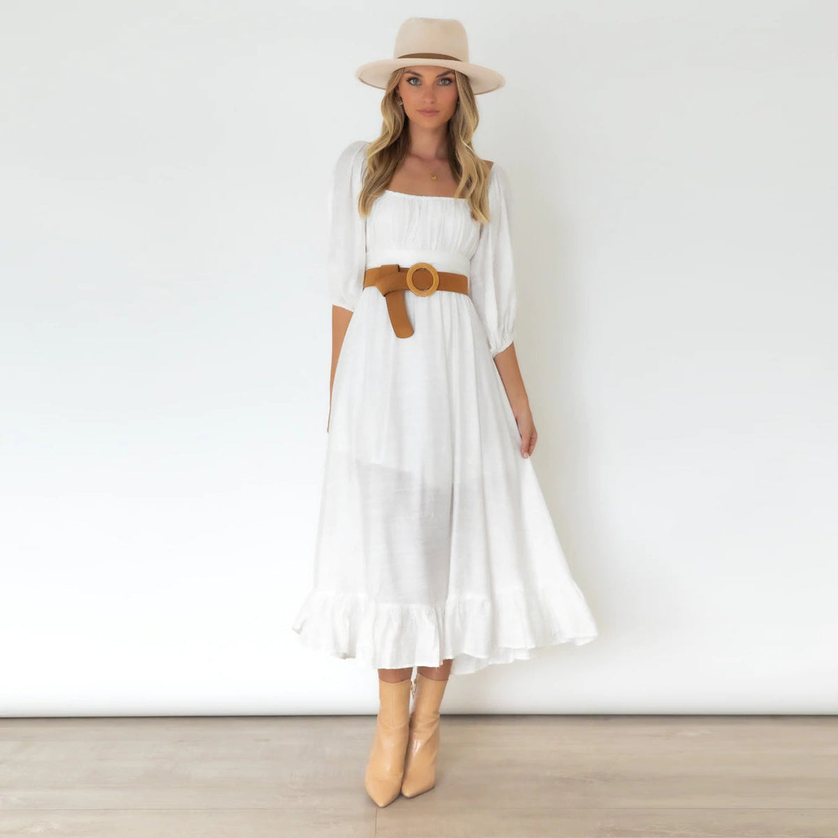 Square Neck Puff Sleeve Empire Waist Midi Dress