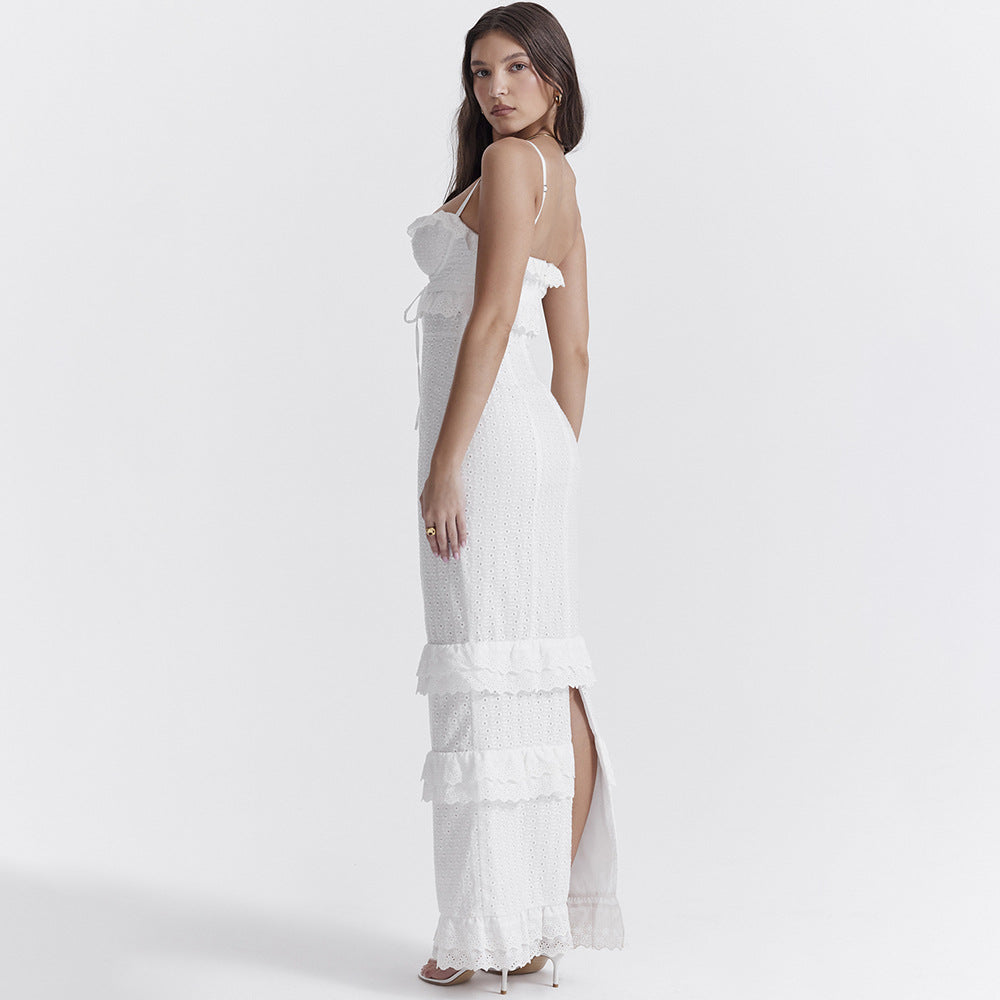 Eyelet Lace Corset Tie Front Tiered Ruffle Spaghetti Strap Maxi Dress - View 4
