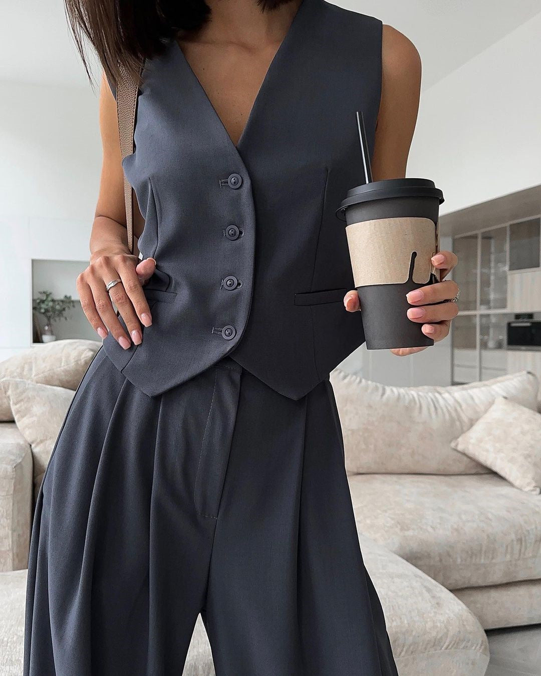 V-neck Sleeveless Coat with Wide-leg Trousers Set