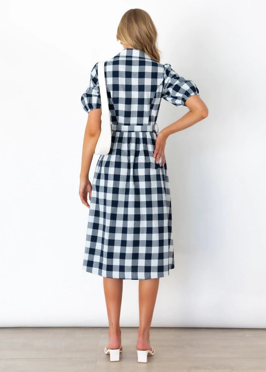Gingham Collared Puff Sleeve Button-Down Midi Dress