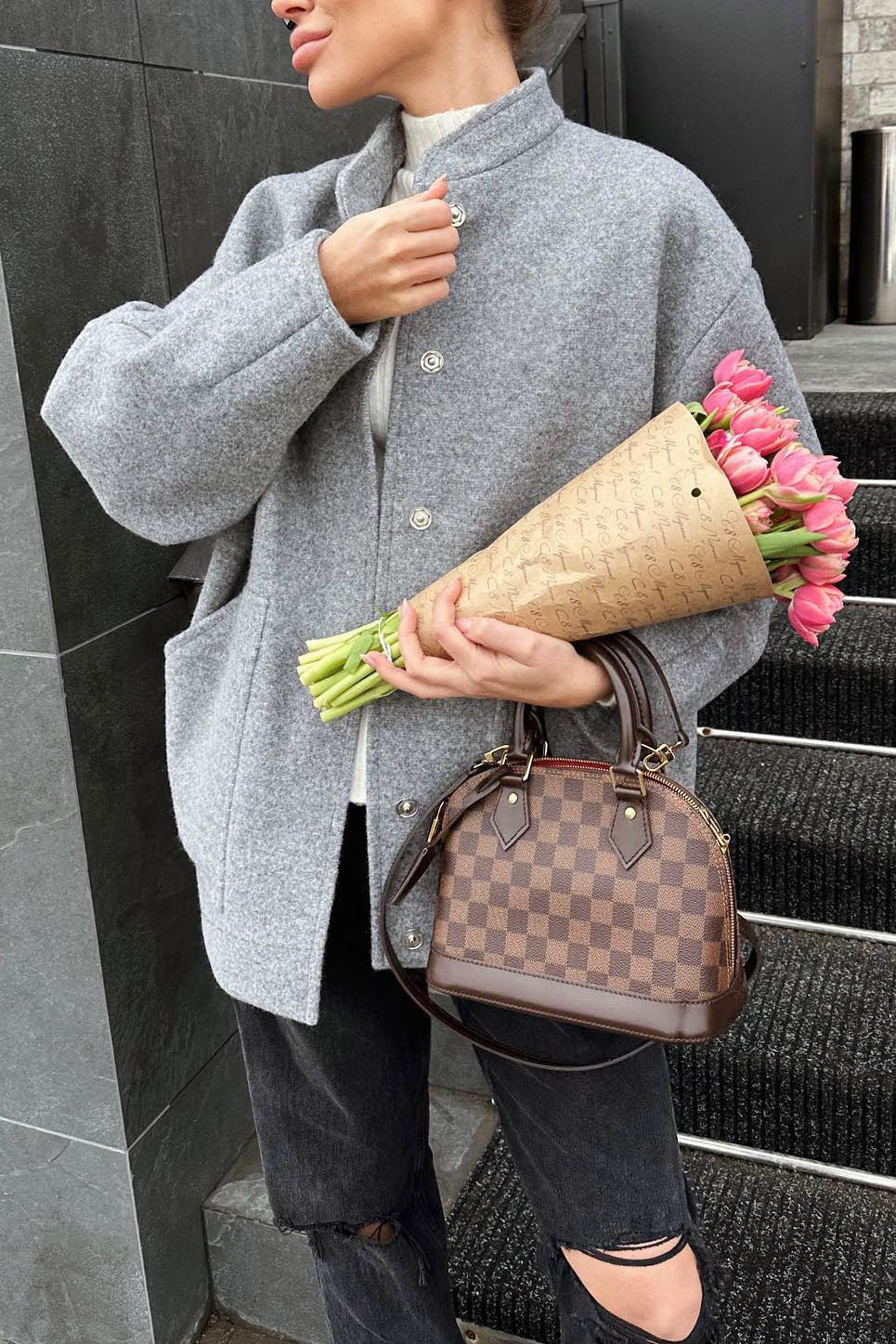 Chic Gray Oversized Wool Coat with Stand Collar for Elegance