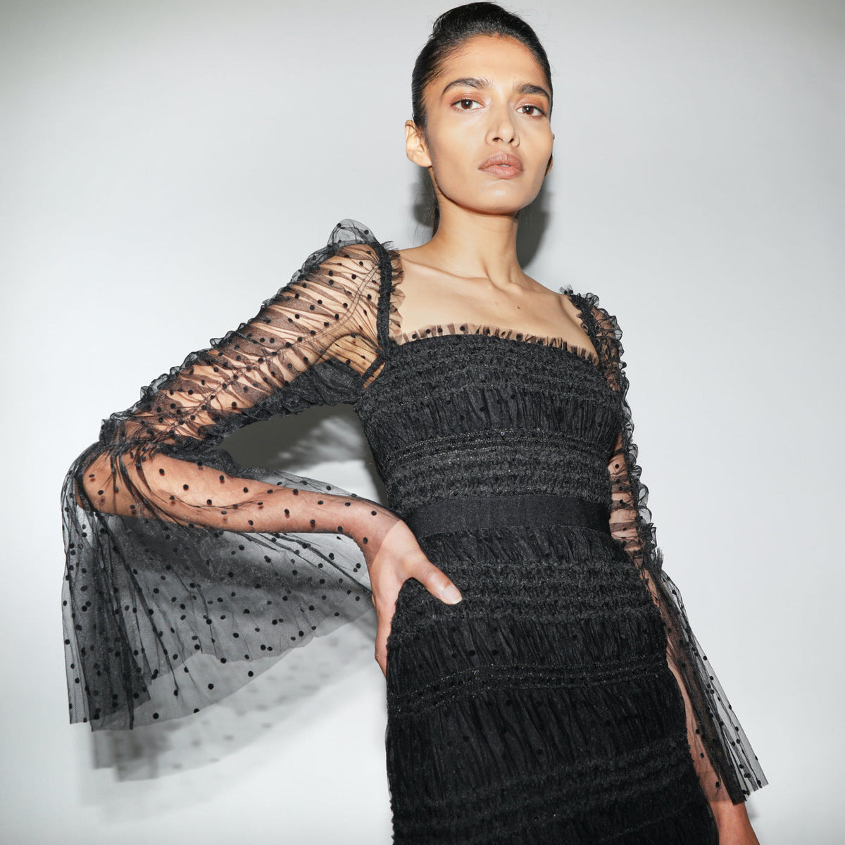 Black Flared Sleeves Slimming Long Sleeve Dot Mesh Korean Dress Dress - View 2