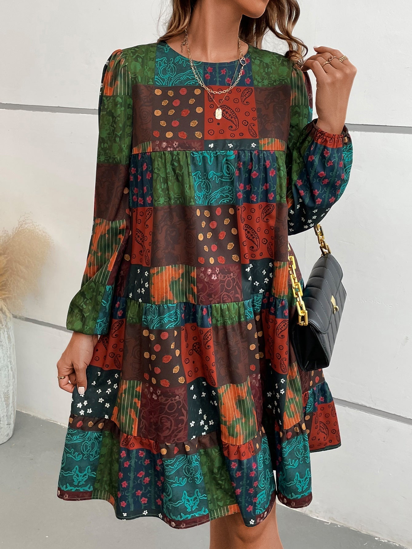 Long-sleeve A-line block print dress