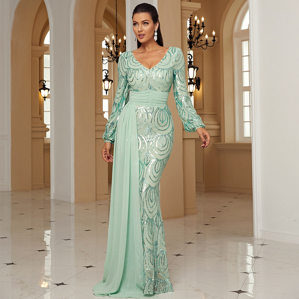 Long Sleeve Long Sequined V neck Cocktail Ribbon Evening Dress Bridesmaid - Fashionpara