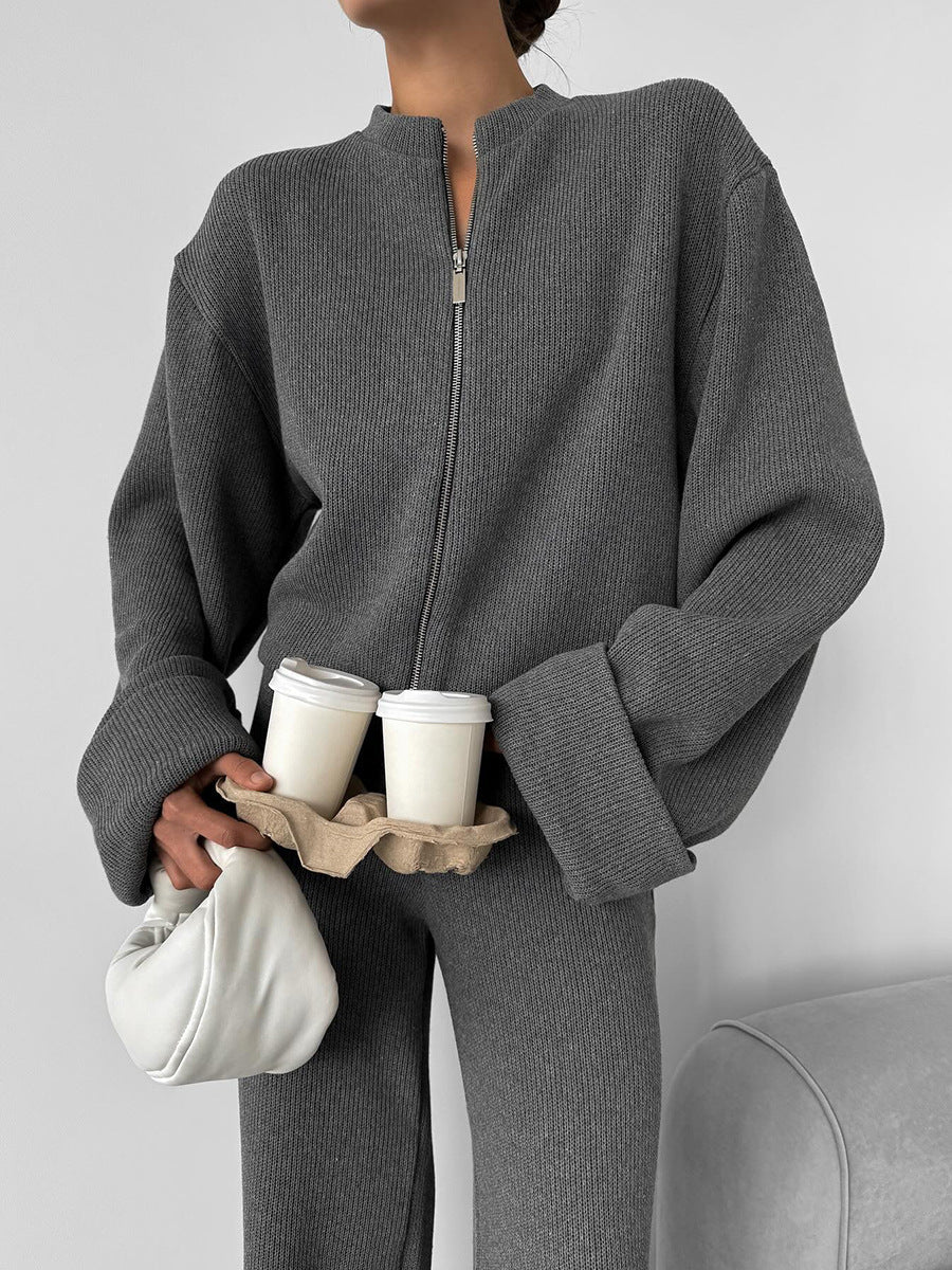 Knitted Long-Sleeve Jacket and Wide-Leg Pants Set for Elegance