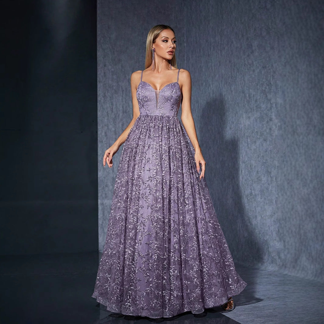 Spaghetti Strap Sweetheart Corset Floral Lace A-Line Prom Gown