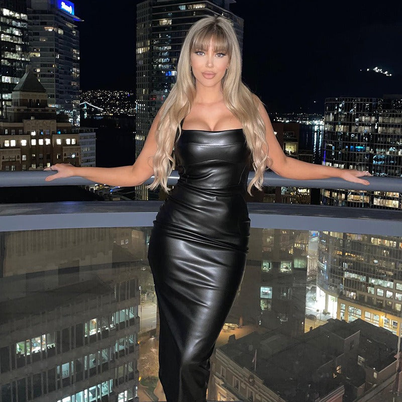 Slim Fit Leather Vest Maxi Dress