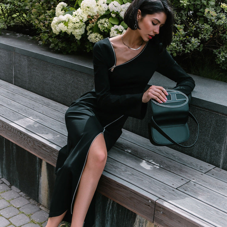 Early Shoulder Design Zipper Slit Black Hip Bag Dress - Fashionpara
