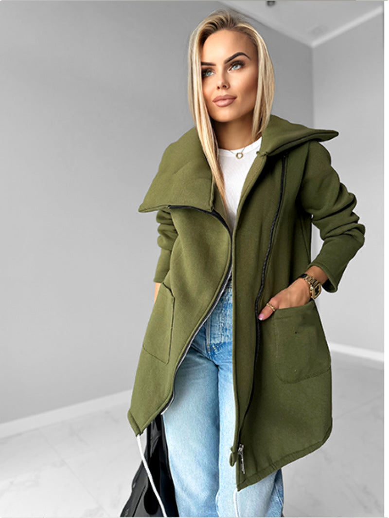 Lapel Mid-Length Fleece Jacket with Oblique Zipper Design